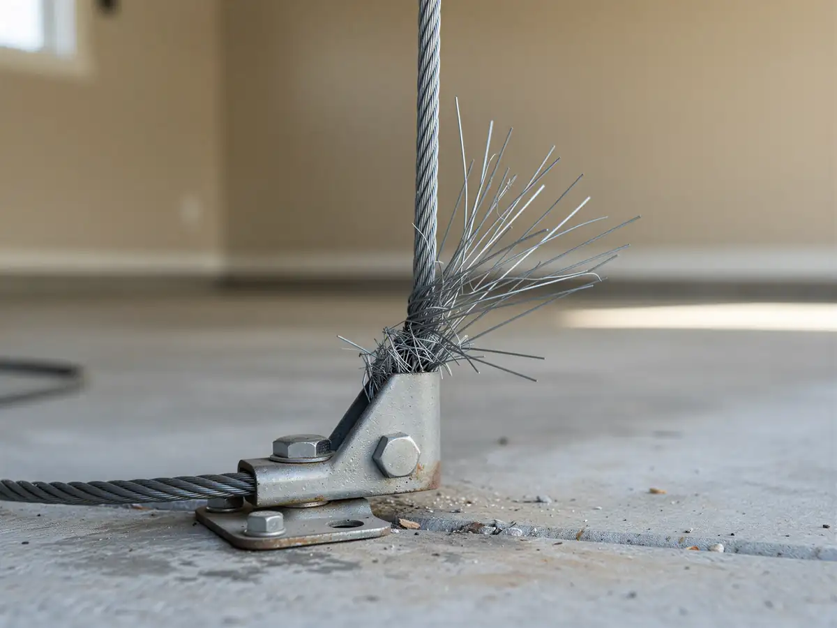 A frayed garage door cable is attached to a bracket on the concrete floor.