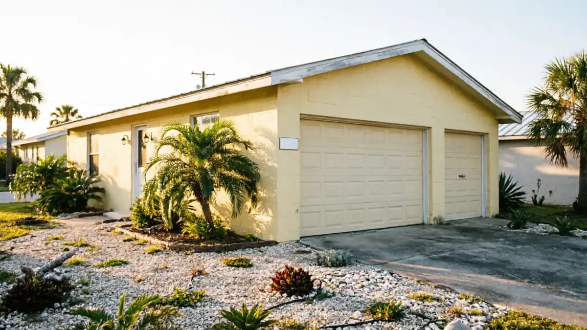 A yellow house has two beige garage doors and a rocky front yard.