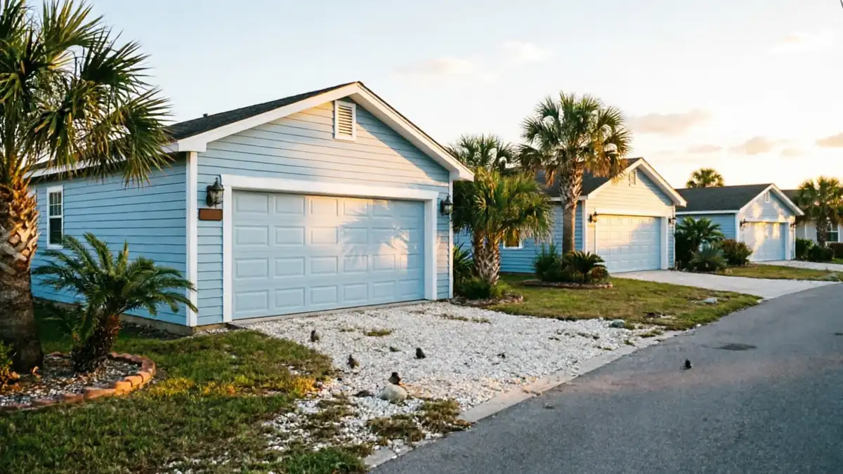 A row of light blue houses with white garage doors and palm trees lines a street.