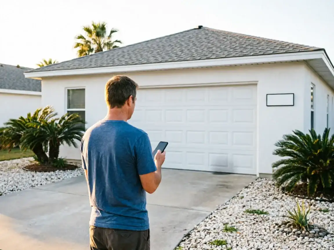 A man stands in a driveway looking at his phone in front of a white garage door.