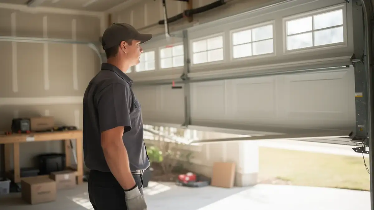 A technician in a gray shirt and cap stands in a garage with an open door.