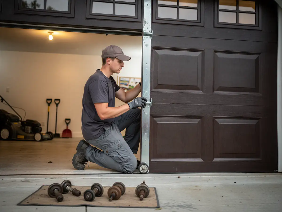 A technician kneels, working on a brown garage door with windows.